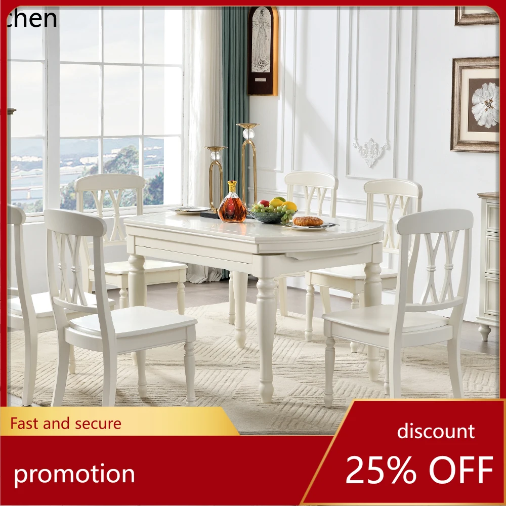 

HT solid wood dining table white retractable folding household variable round table dining table all solid wood combination