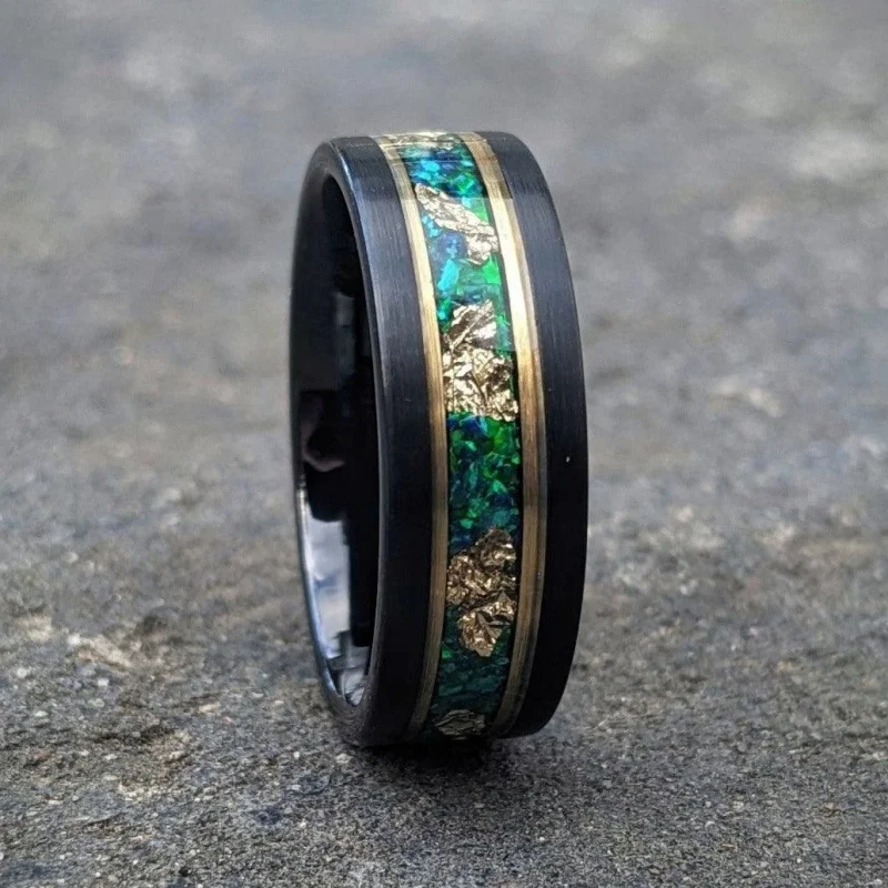 Tungsten Carbide Black Ring 8Mm Green Opal, Gold Accents and Gold Leaf, Men's Wedding Band