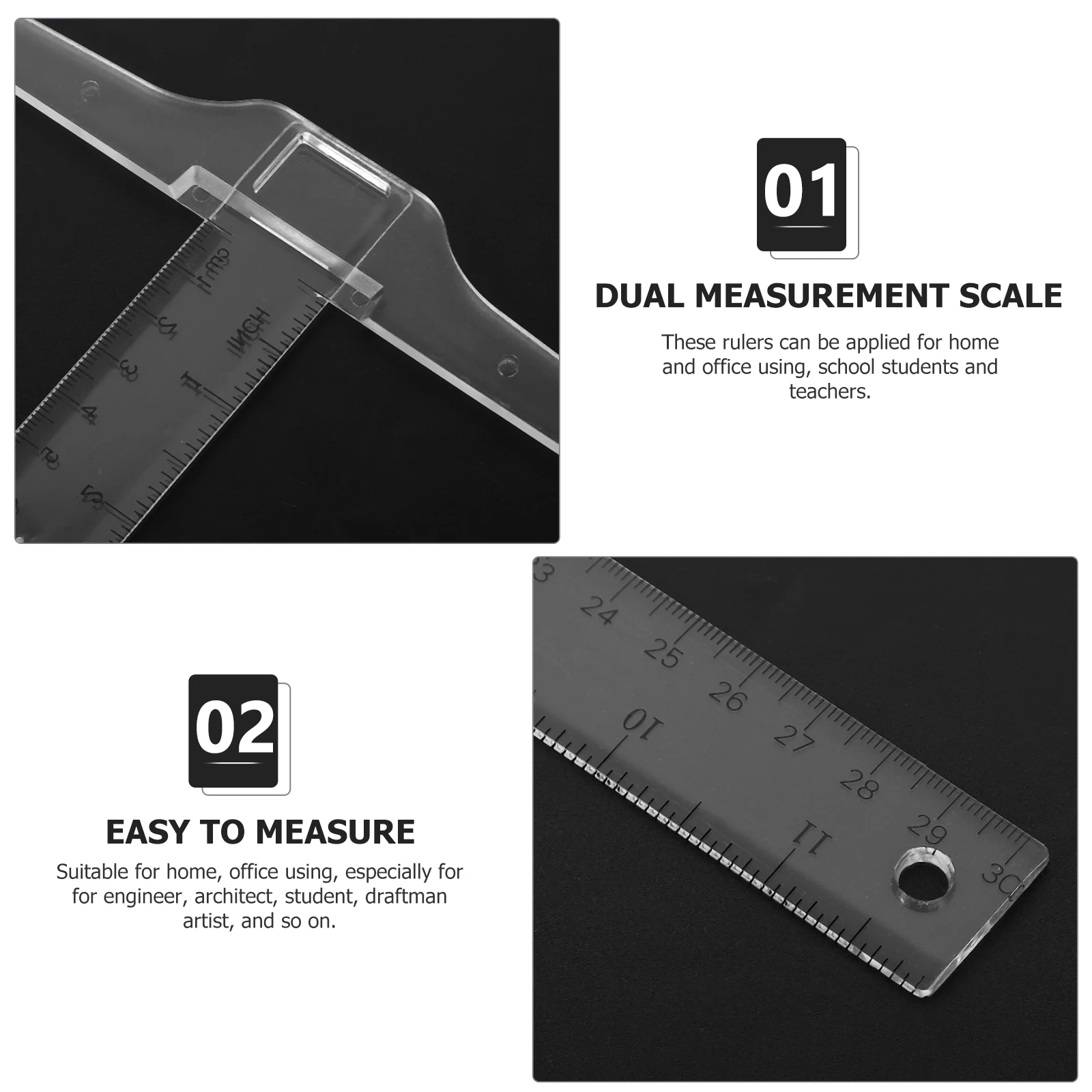

2Pcs 30cm T-Shape Ruler Double Side Scale Plastic Measuring Tool for Home Office School Engineering Accurate Scales Durable