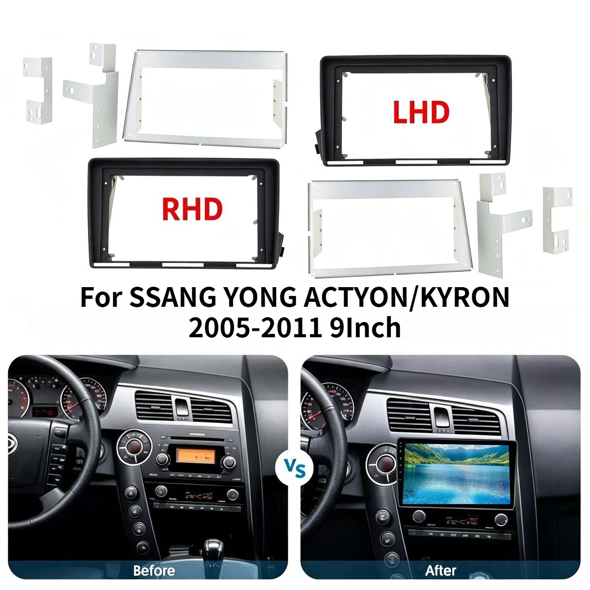 For SSANG YONG ACTYON/KYRON 2005-2011 9Inch 2 Din Car Radio DVD Fascia Frame Bezel Dash Coneder Adapter Panel Trim Bezel
