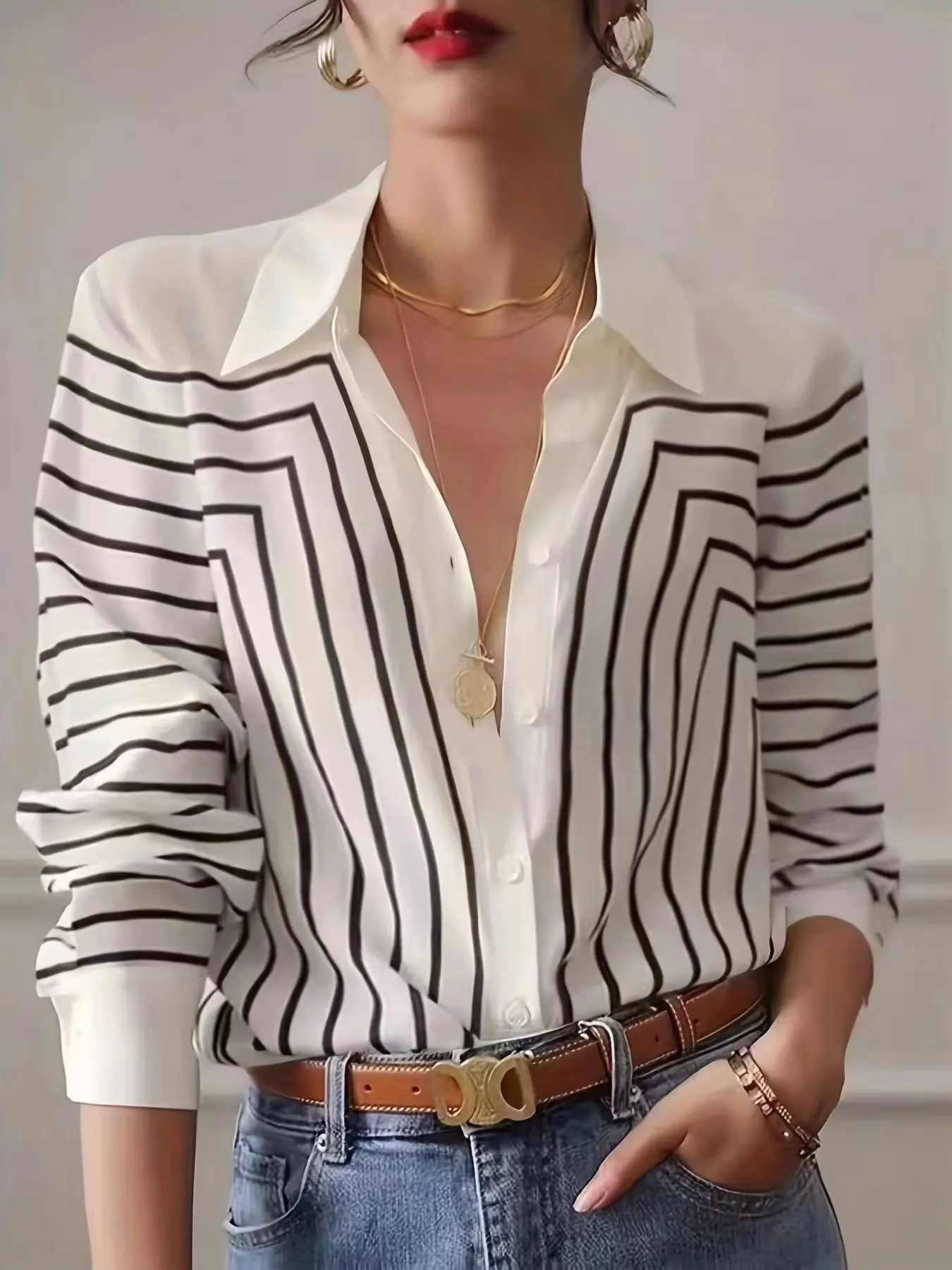 ฤดูใบไม้ผลิฤดูใบไม้ร่วงผู้หญิงเสื้อแขนยาวลาย Elegant Turn Collar หลวมผ้าไหมเสื้อและเสื้อ