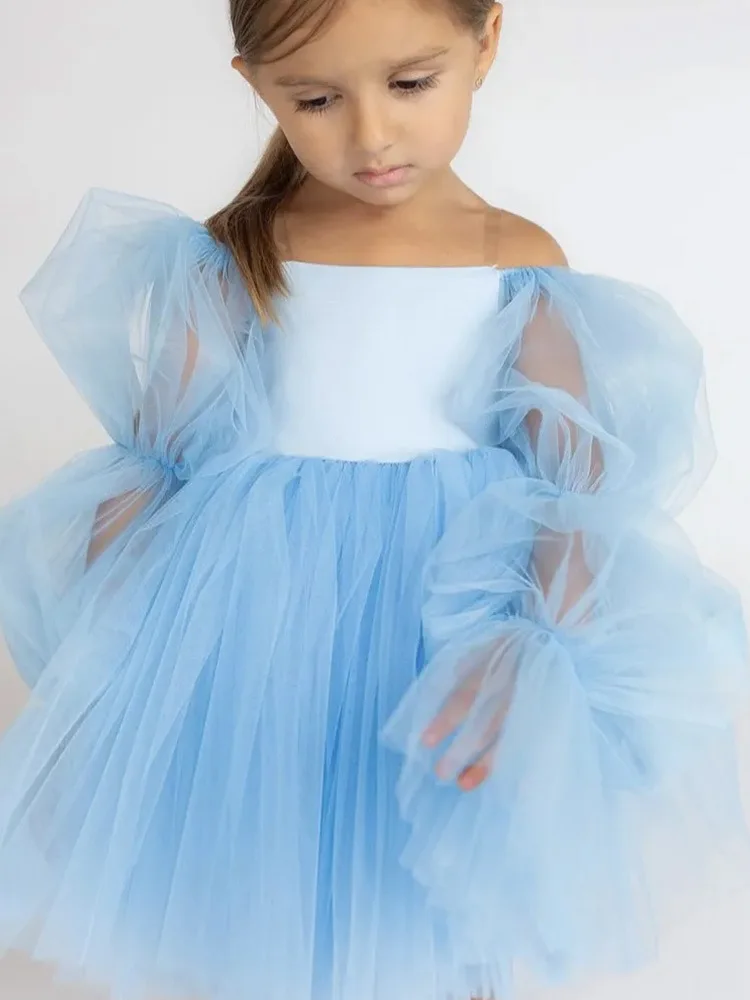 Princess DressChildren's First Birthday Dress Cute Flower Girl Wedding Off-Shoulder Princess Dress Tulle Puffy Dress