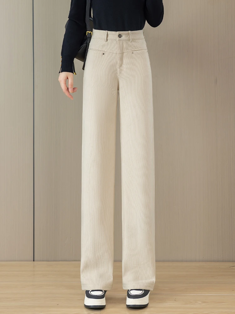 

Женские вельветовые брюки с высокой талией и широкими штанинами, повседневные, утепленные флисом, прямого кроя, осенне-зимние, новый стиль, с эффектом похудения