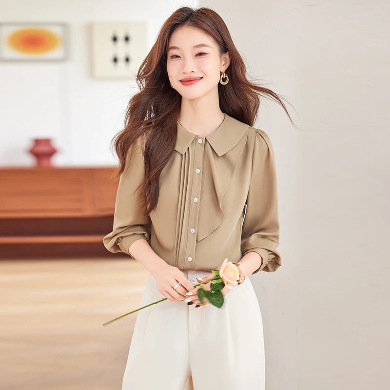 NAVIU Peter pan Collar Women Long Sleeve Coffee White Ruffle Blouse Spring New Ladies Top Fashion Casual Office Female Shirts