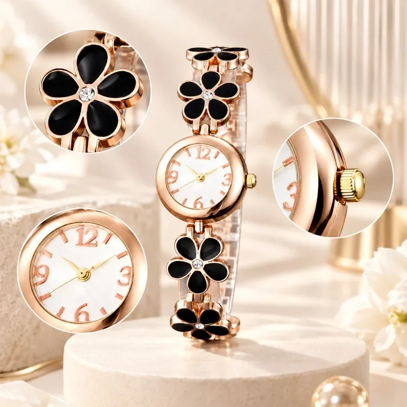 Fashion Women Floral Bracelet Watch Small Rose Gold Dial Metal Band Analog Quartz Wristwatch Elegant Charming Ladies Watch Gift