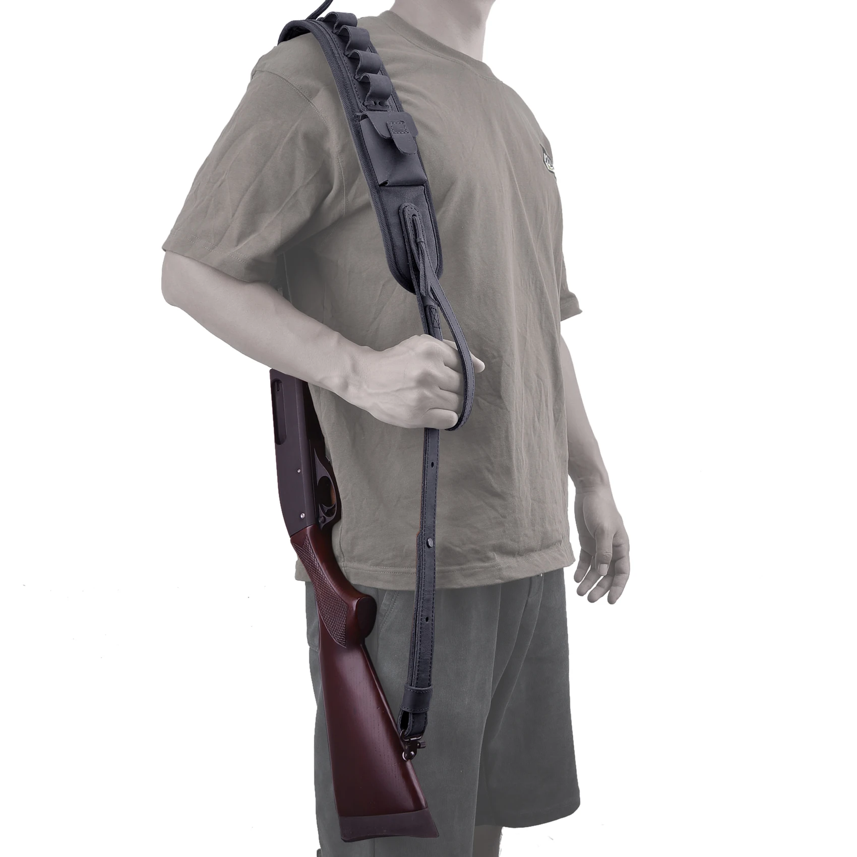 전술 가죽 샷건 슬링 조절 가능한 총 어깨끈 사냥 및 사격용 16게이지 블랙