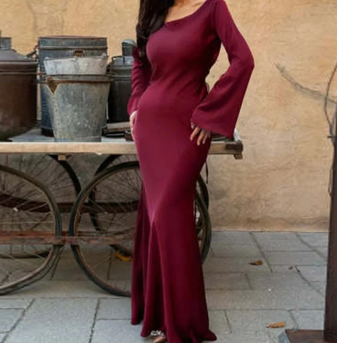 فساتين طويلة أنيقة جديدة موضة خمر بسيطة مستديرة الرقبة الساتان مضيئة كم الدانتيل يصل سليم مساء فستان المرأة مثير #3