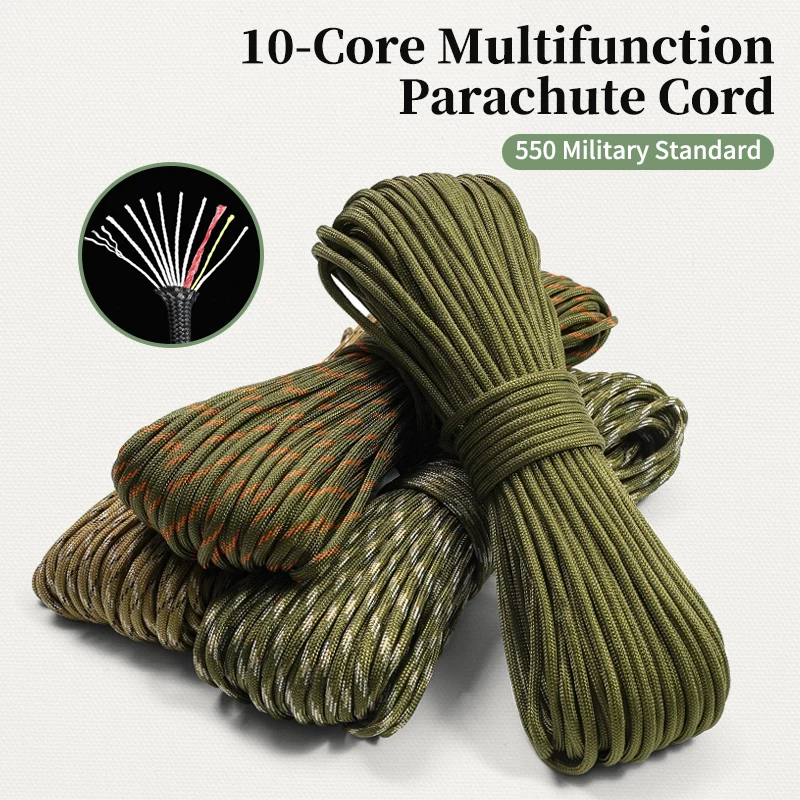 10-Cord Survival Paracord Multifunctional Parachute cord 550 Military For Outdoor Camping With Fishing Cotton Tinder Line