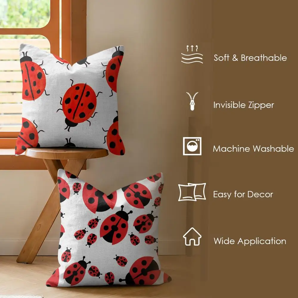 Cute Cartoon Ladybug Cushion Cover Summer Linen Pillow Case Organic Fabric Cushion Cover Double-Sided Print Sofa Home Decor
