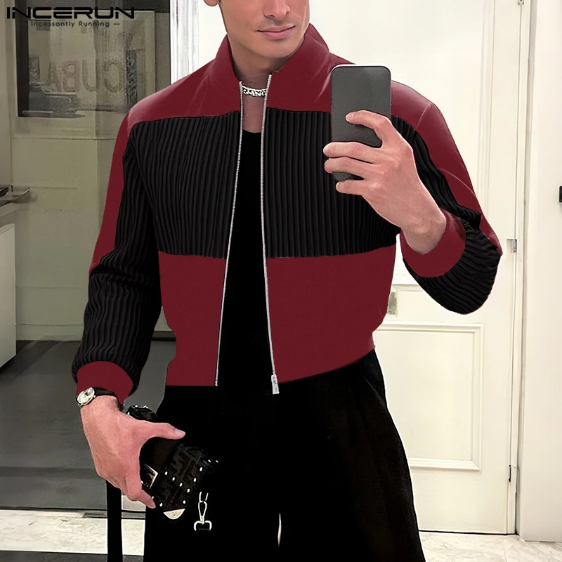 

INCERUN Men Jackets Patchwork Stand Collar Long Sleeve Zipper Male Coats Streetwear Autumn Casual Crop Jackets Men Outerwear