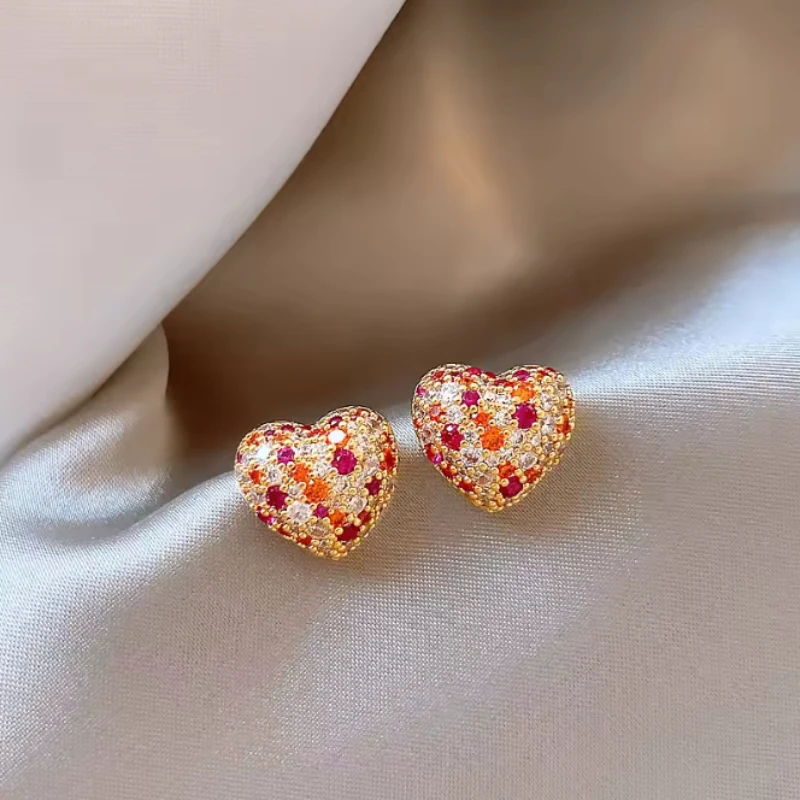 Exquisite Sparkling Colored Zircon Inlaid Heart-shaped Earrings for Women, Sweet Temperament, Daily Party Jewelry Gifts