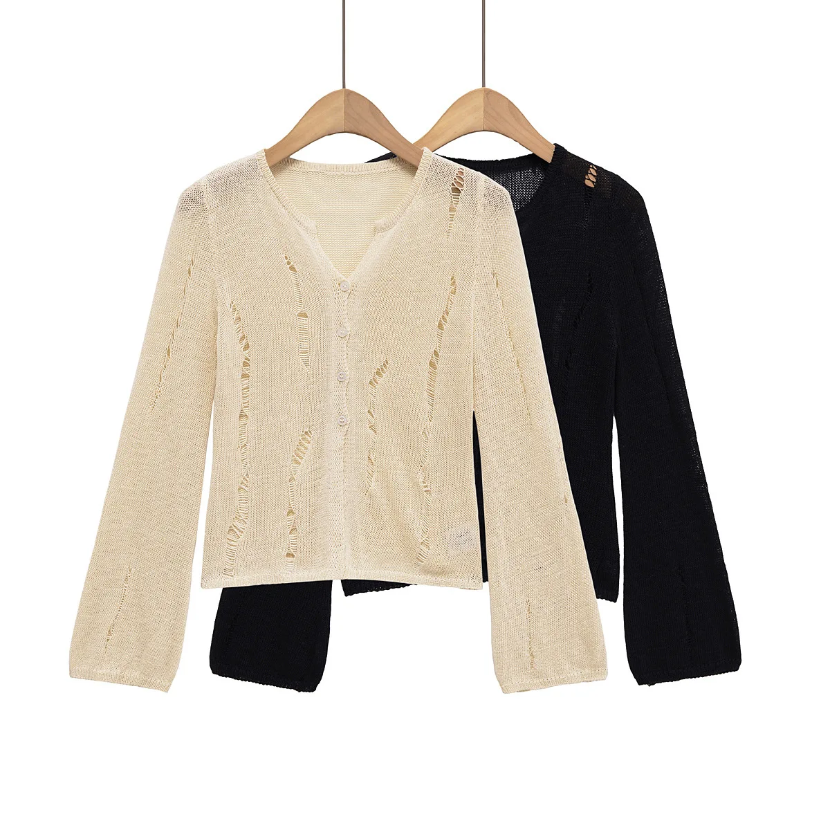 

Woman Hollow Knitted Cardigan V-neck Single-breasted Slim-fit Long-sleeved Solid Color Sweater Simple Autumn New Chic Top