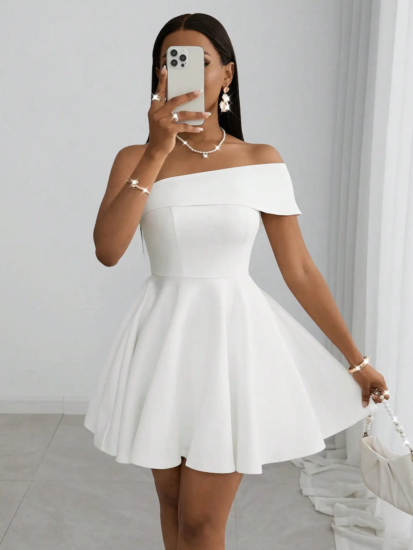 

White Off-Shoulder A-Line Mini Dress for Party Wedding Dinner