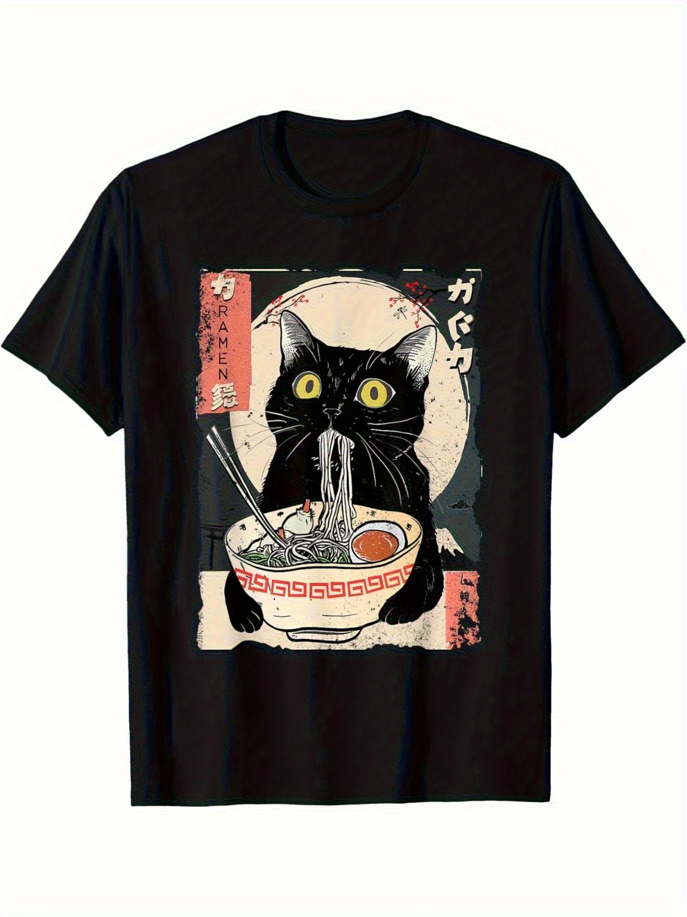 Japanese Ukiyo-e Black Cat Eating Ramen Retro Print Black Cotton Oversized Casual Men Women Vintage T-Shirt