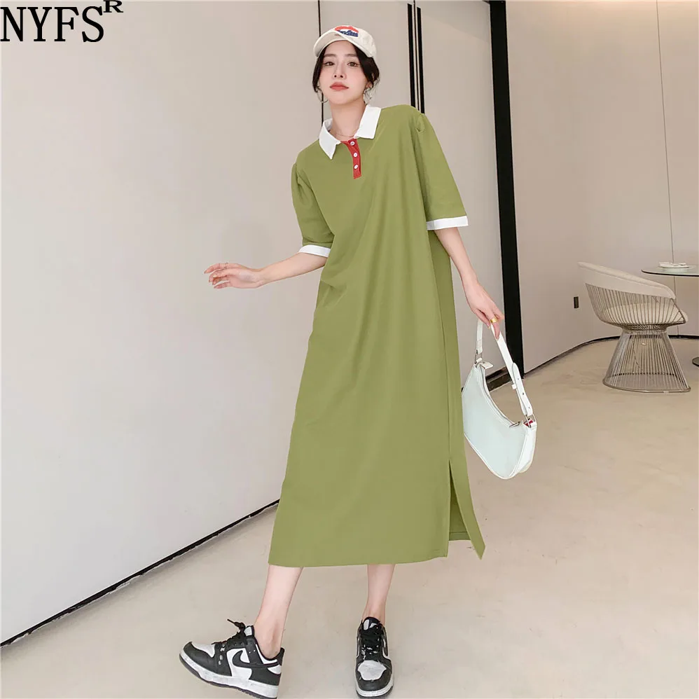 

NYFS 2022 Summer New Korea Woman Dress Vestidos Robe Elbise Cotton Plus Size POLO Collar Short Sleeve Long Dresses