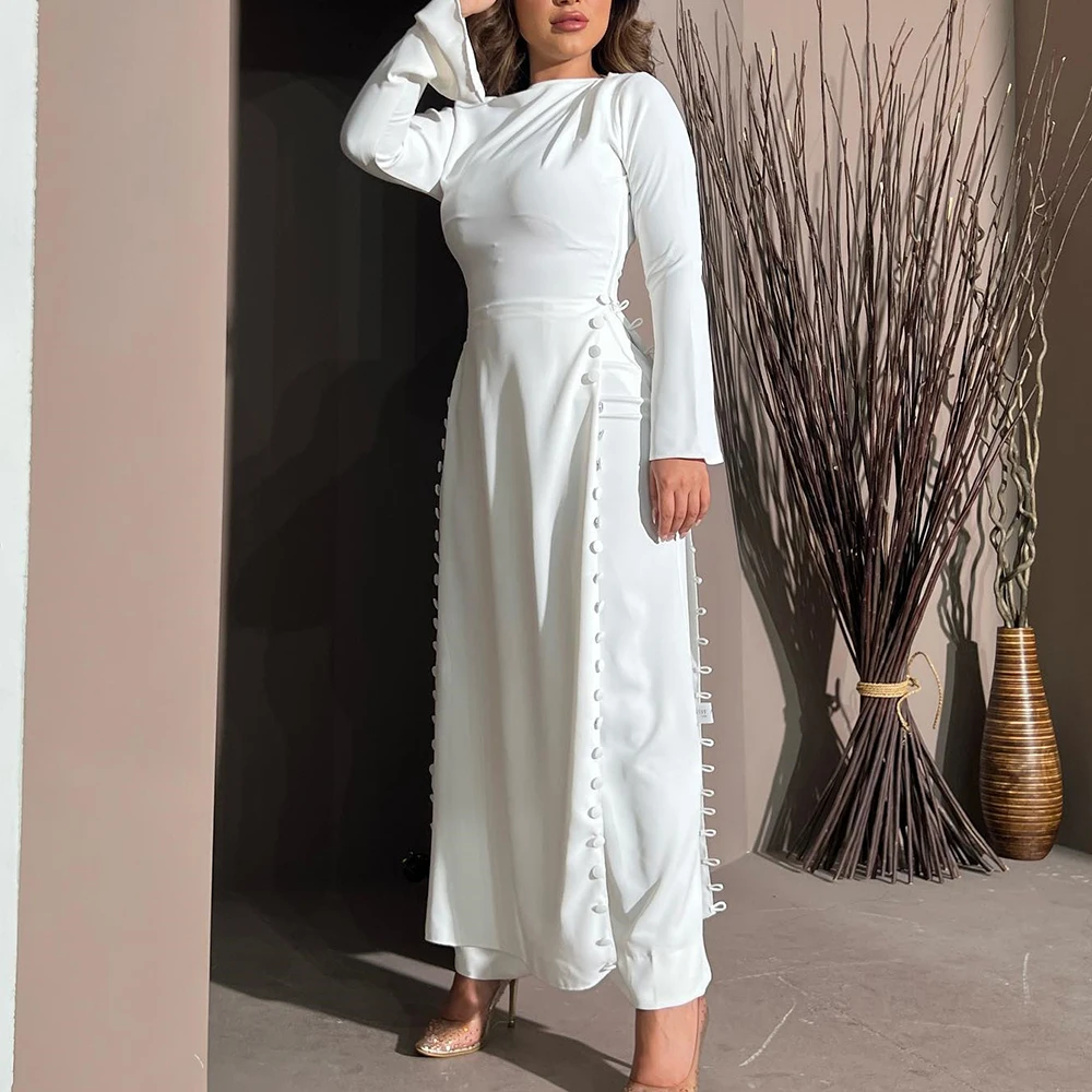 

Customized Modern Ankle Length Pleats Buttons Evening Dress Graceful Off the Shoulder A-Line Long Sleeves Jersey Party Gown