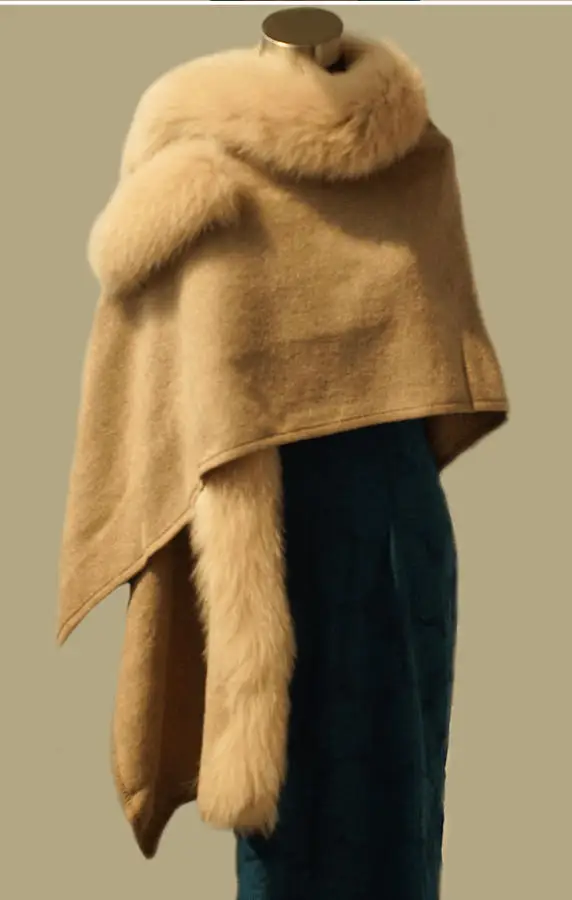 Wool Cape  Real Fox Fur Cloak Autumn Winter Loose Fur Collar Shoulder Wrap Leather Fur  Collar