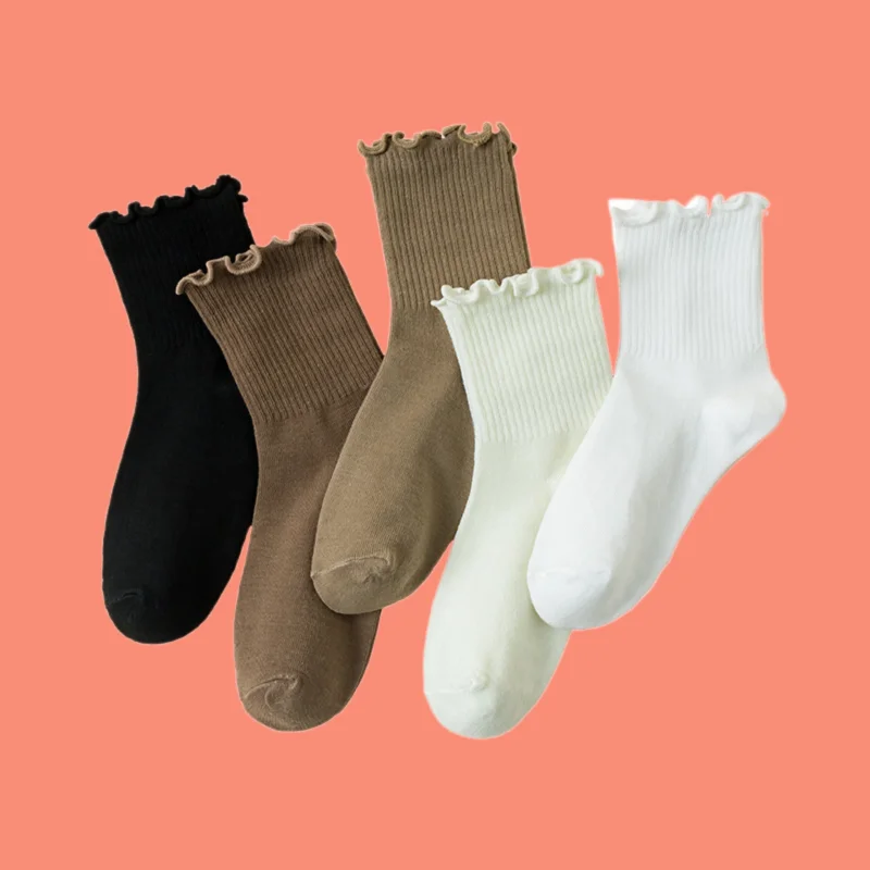 

5/10 Pairs New Fashion Lace Pile Socks Women's Mid-tube Autumn And Winter Thin Wood Ear Edge Sweat-absorbent Women's Socks