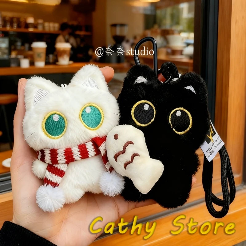 Cute Black Cat Plush Doll Silly Holding Small Fish Big Eyes Couple'S Bag Pendant Creative Small Cat Decor Keychain Surprise Gift