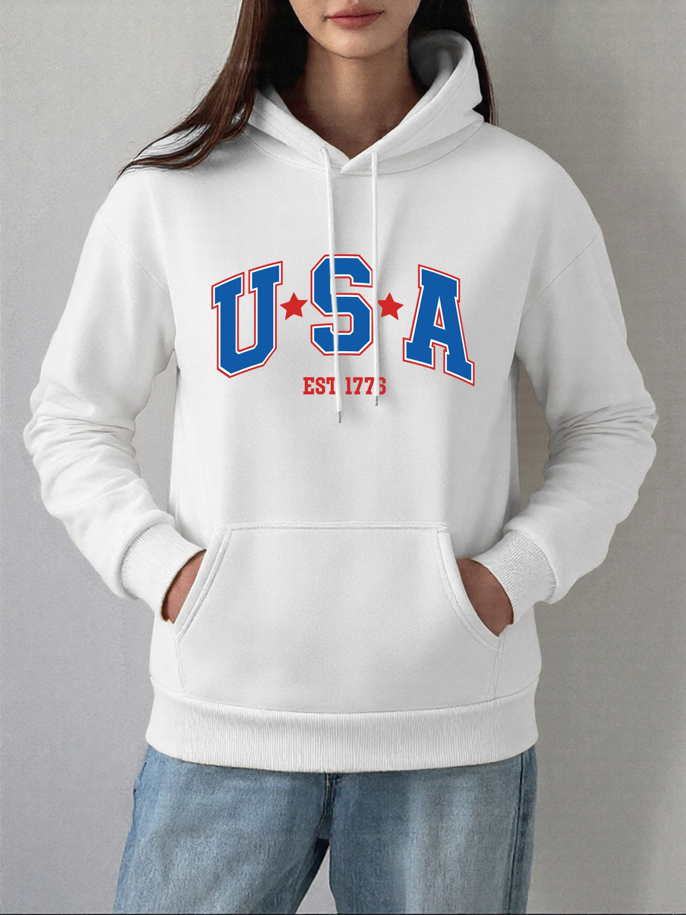 Usa Star Big Letter Printed Autumn Women Hoodie Casual Multicolor Hoody Pocket Hoodies Fleece Clothing Fashion Street Pullover