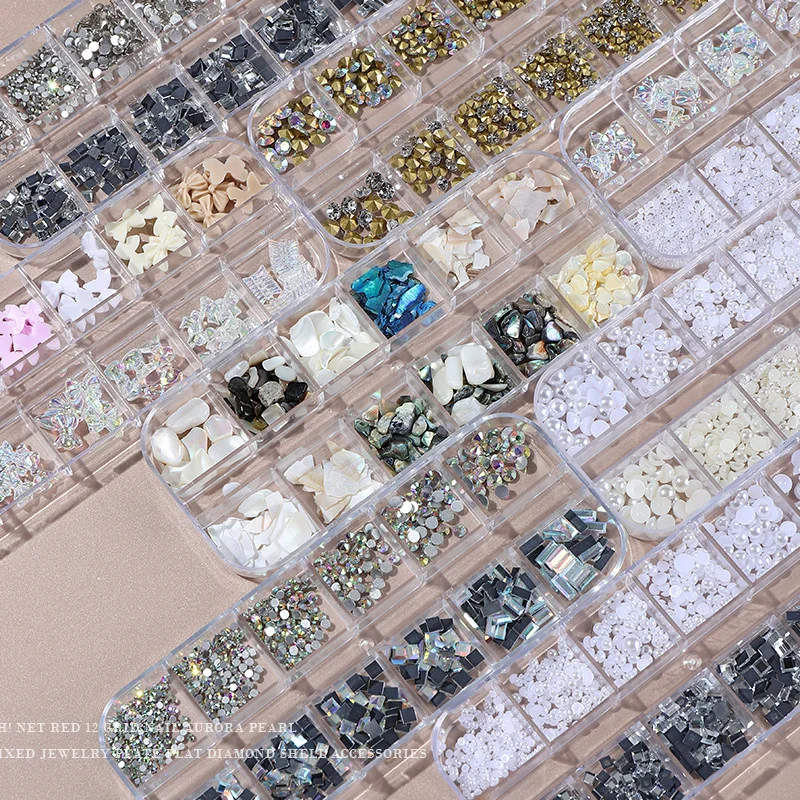 

12 Grids Rhinestone Bow Nail Art Decoration Pearl Manicure Design Mixed Style Gold Silver Jewelry DIY 3D Charms Accessories