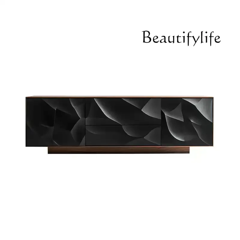 

High-end solid wood dining side cabinet Nordic art relief locker Wabi sandy wind walnut porch cabinet black