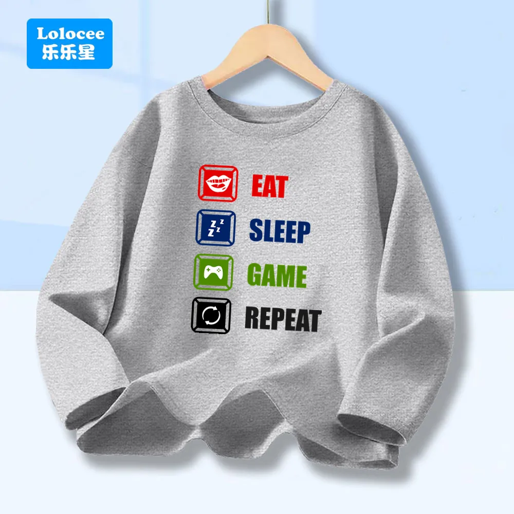 Eat Sleep Repeat T Shirts Funny Game Spring Cotton Casual Tees Boys' Round Neck Long Sleeve Tops Gifts YX02