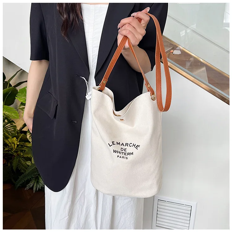 

Women Casual Canvas Shoulder Bags PU Leather Strap Bucket Crossbody Bags Ladies Fashion Simple Canvas Handbag Tote For Girls