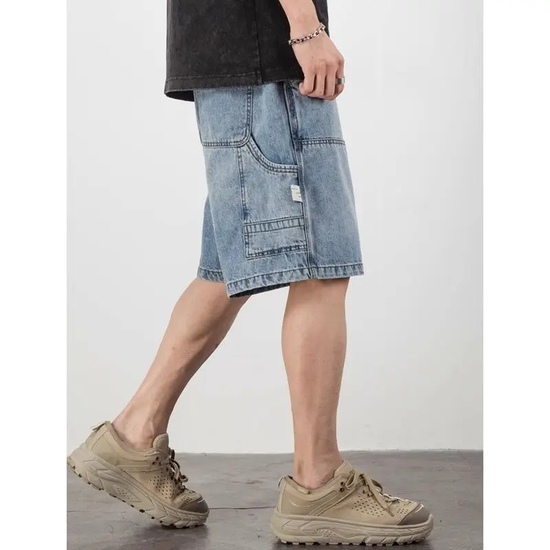 

American Style Loose Fit Lightweight Summer Denim Shorts for Men Casual Straight Leg Workwear Pants mid Waist Cotton Polyeste...