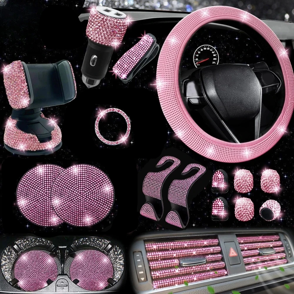 Universal 15 Inch Bling Rhinestone Steering Wheel Cover Elastic Non‑Slip Comfortable Women Car Interior Decoration Protector