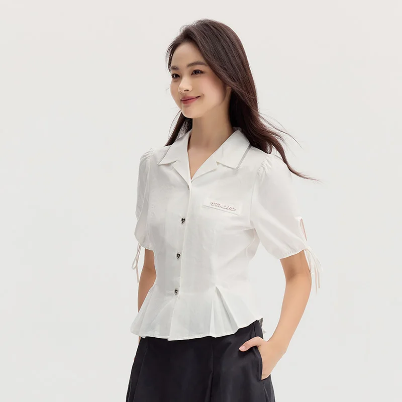 Semir Short Sleeve Blouse Women Short Crop Bubble Sleeves Bow Sweet Playful Girlish Autumn Cotton Fashion Blouse