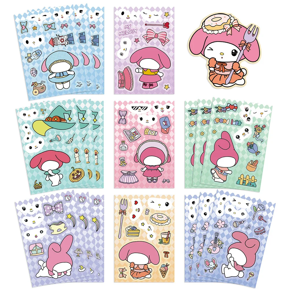 8/16Sheets Cartoon Sanrio My Melody Puzzle Stickers Children Make a Face DIY Toys Assemble Jigsaw Kids Boys Girls Party Game