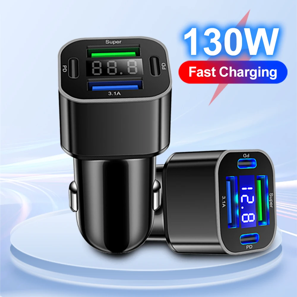 USB C Car Phone Charger Dual PD 4 in 1 with Voltage Display Super Fast Charge Adapter for iPhone Xiaomi Oppo Vivo Samsung