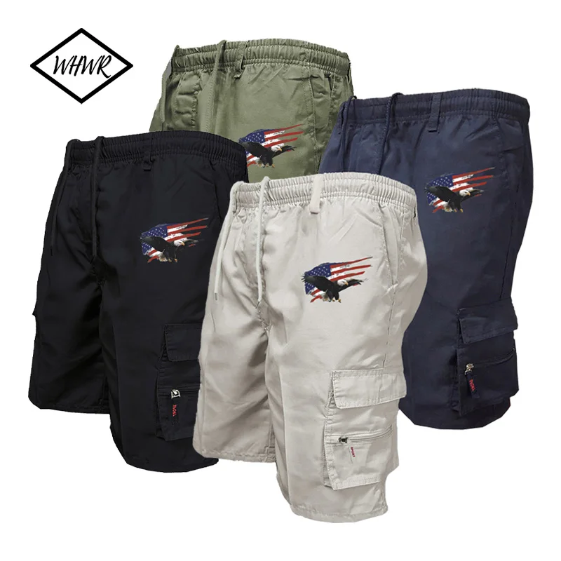 

Mens Cargo Shorts Summer Outdoor America Flag Eagle Print Short Pants Multi Pocket Casual Style Big Size Trousers Durable Fabric