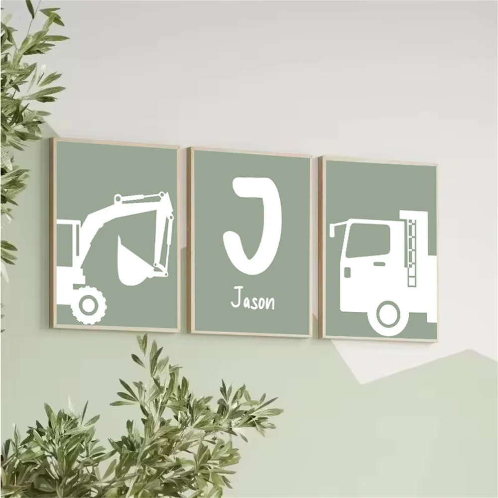 

Cartoon Construction Vehicles Truck Excavator Nursery Canvas Painting Custom Name Poster Nordic Wall Art Print Kids Room Decor