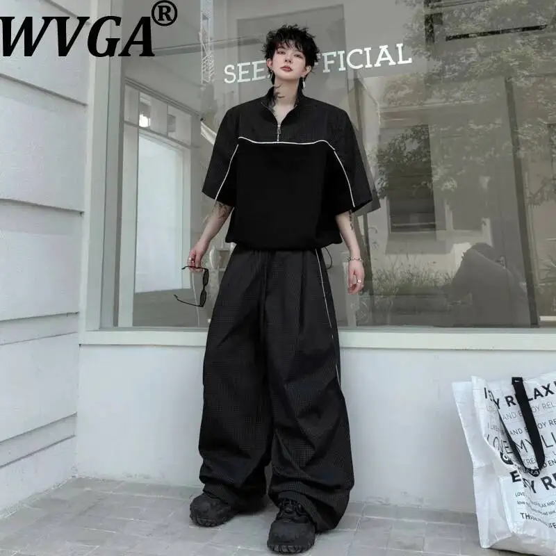 

WVGA Summer Men Two Pieces Set Stand Collar Patchwork Plaid Pullover Short Sleeved Sweatshirt Niche Chic Casual Pants Ins W24370