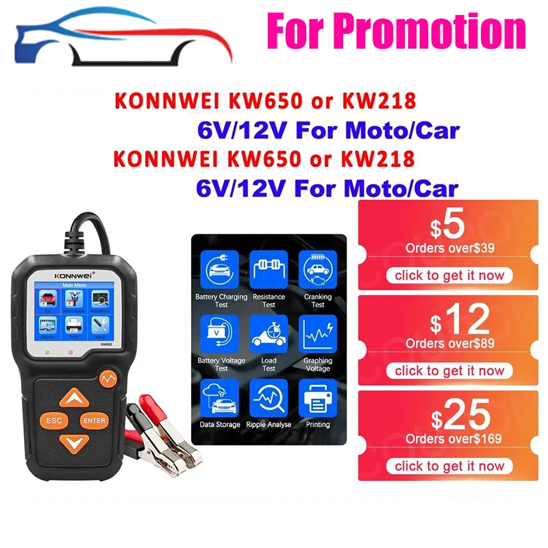 KONNWEI KW650 Car Battery Tester KW218 6V 12V Motorcycle Auto Analyzer 100-2000CCA Car Moto Cranking Charging Test Tool PK KW510