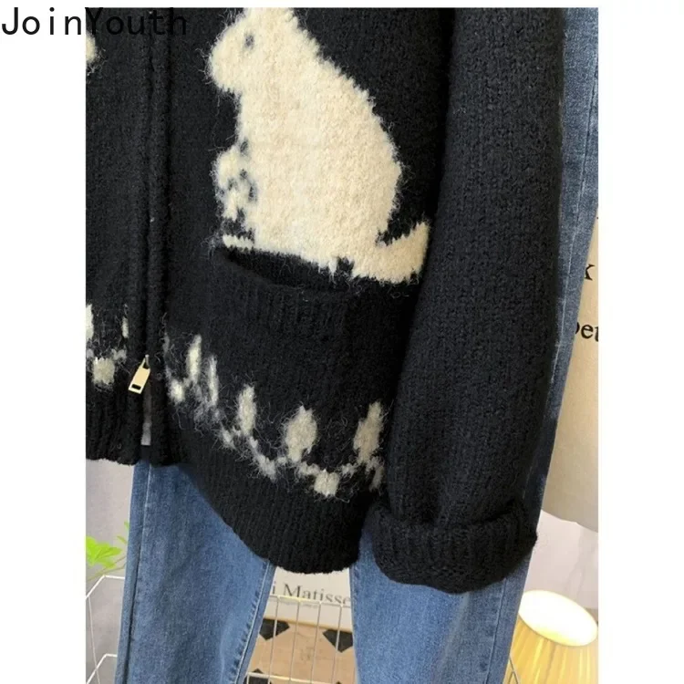 Nadruk królika czarny sweter damski zagęszczony Casual Pull Femme koreański moda Sueter Mujer z kapturem i zamkiem błyskawicznym swetry z dzianiny