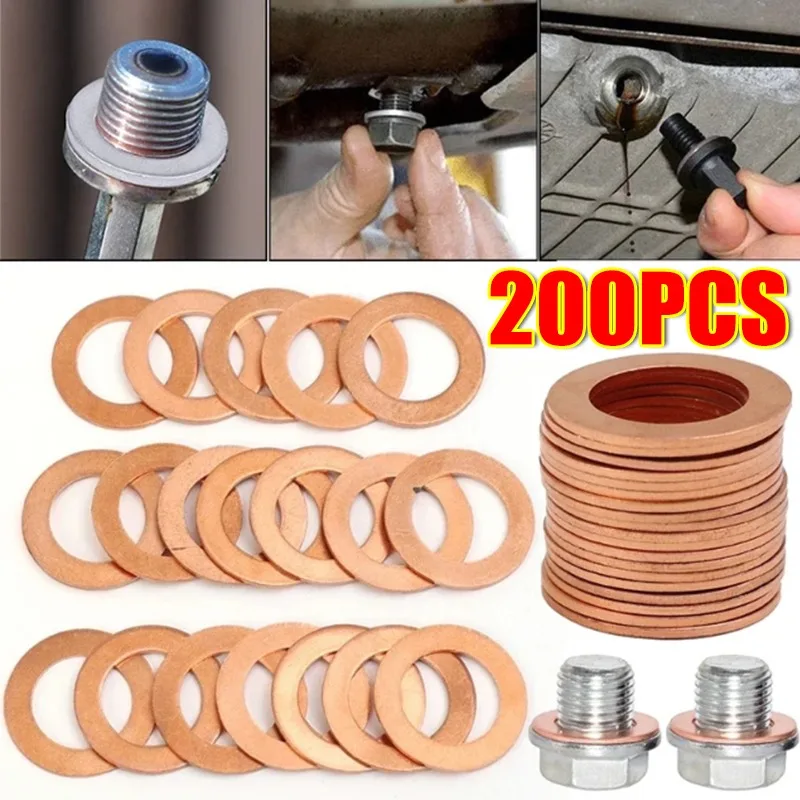 200pcs Copper Washer Gasket Nut and Bolt Set Flat Ring Seal Assortment Kit with Box M5/M6/M8/M10/M12/M14 for Sump Plugs