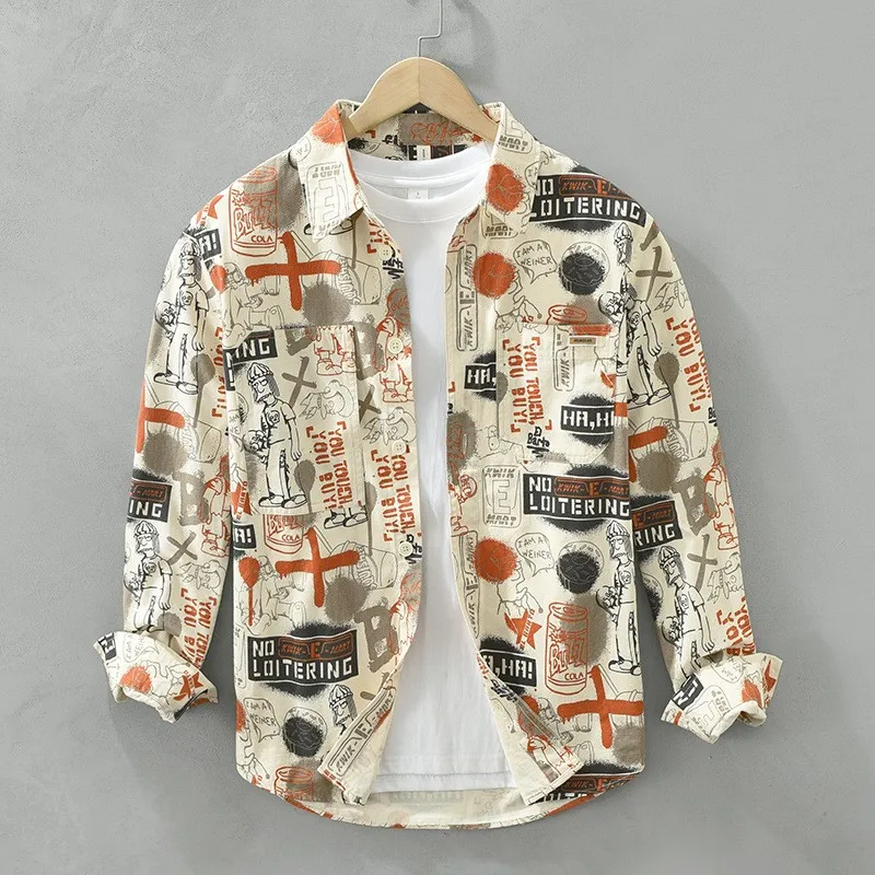 

Men's Simple Retro Printed Long-sleeved Lapel Pocket Button-up Shirt Fashionable Casual And Versatile Can Wear Outside Shirt