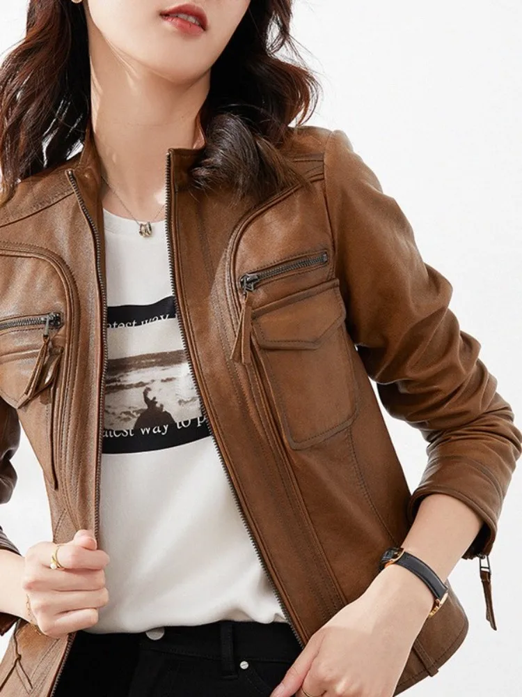 2023Stand Collar Vintage Women Motorcycle Short Coat Slim Genuine Leather Jacket Long Sleeve Autumn Female Sheepskin Jackets