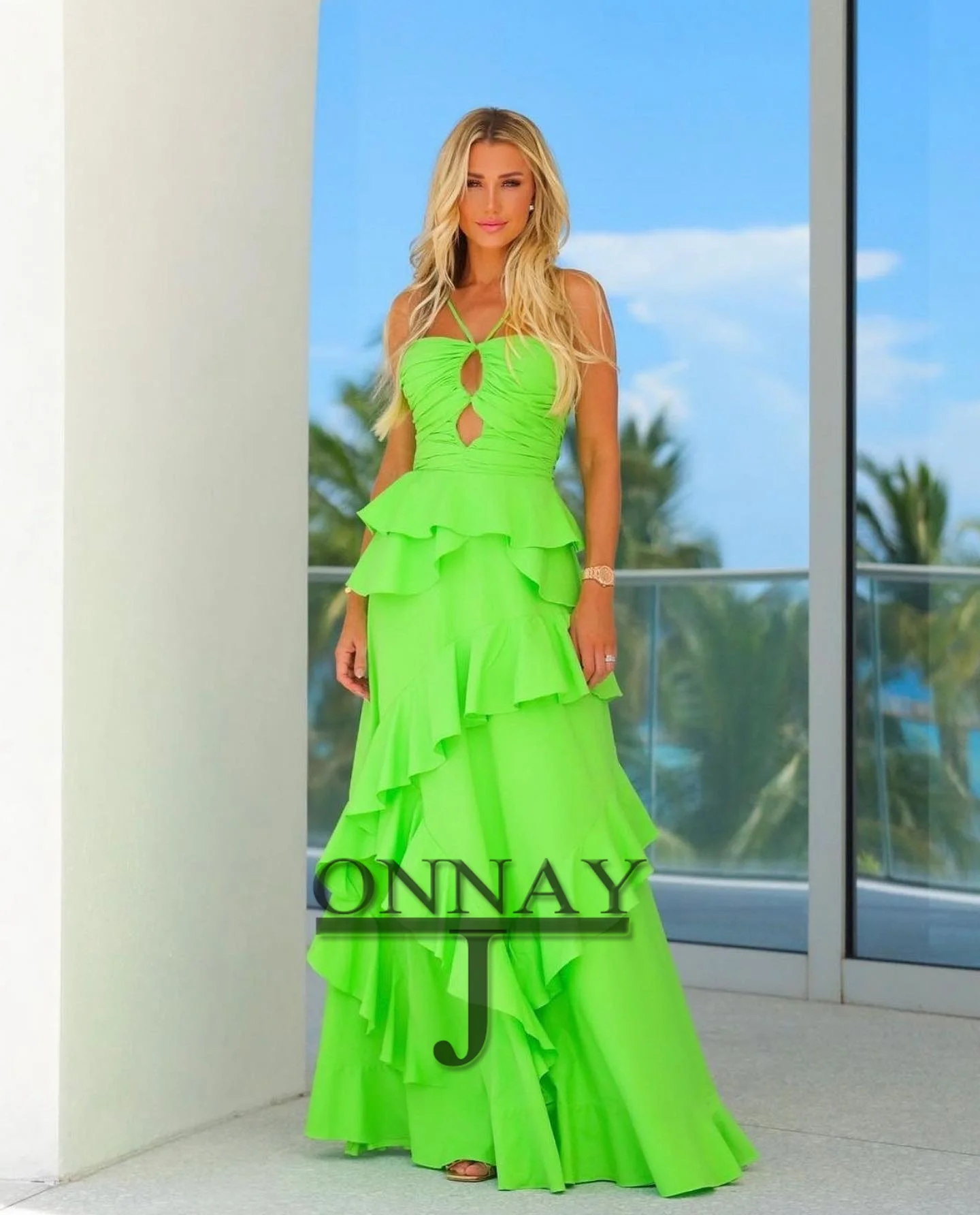 Aangepaste groene chiffon ruches avondjurken voor vrouwen uitgesneden dubai suudi vestidos de fiesta op maat gemaakte formele feestjurk plus