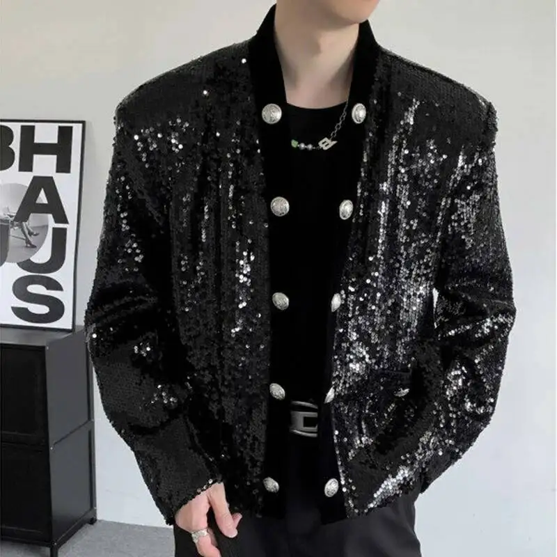 Spring Fashion New Star Short Men's Jacket Sequined 2025 Long Sleeve Streetwear Casual Male Tops Loose DCF5
