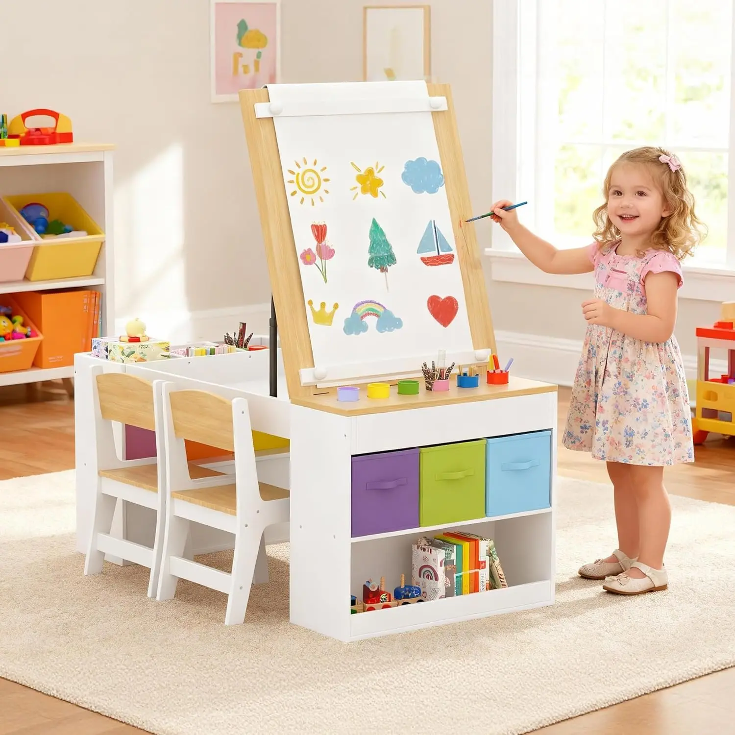 Kids Art Table and 2 Chairs Set, Wooden Craft Desk with 2 Storage Shelves, 6 Storage Bins & Paper Roll for Drawing,, Customized