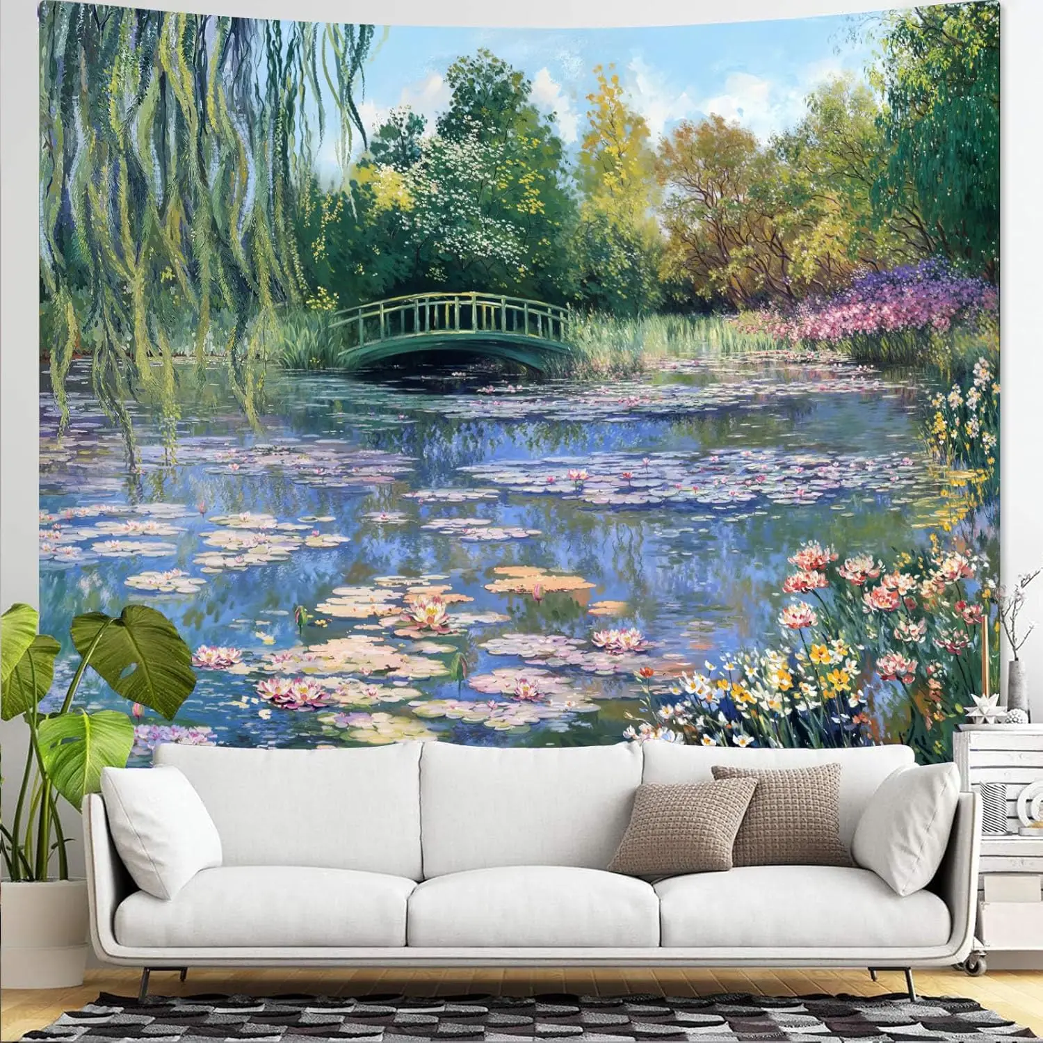 Luxurious Polyester Wall Tapestry Nature Pond Scene Hanging Decor Willow Tree Spring Flowers Lake Artwork Home Decoration