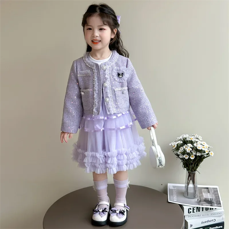 

Anime Kuromi Girls' Dress Set Sweet Costume Kids Princess Clothes Set Spring Fall Kids Fashion Coat + Dress Vintage Costume Suit