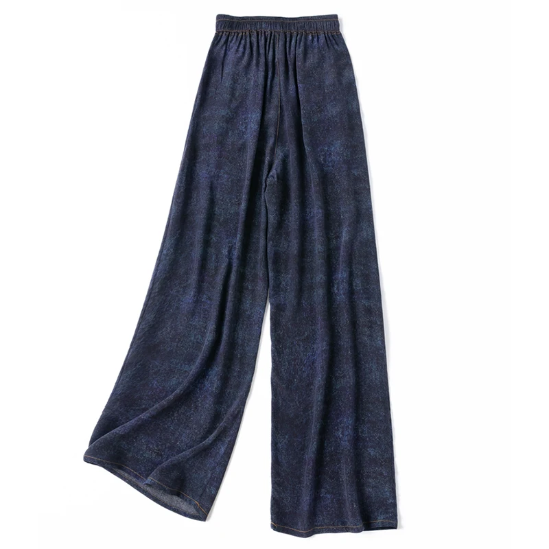 Vrouwen Broek 100% Moerbei Zijde 16 Momme Zijde Losse Type Wijde Pijpen Navy Jeans Bedrukt Lange Broek Broek Met Zakken L Xl M1155