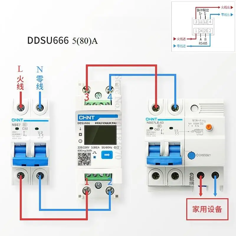 Imagem -04 - Energia Inteligente Energia do Medidor Elétrico Chnt Chint Dsu666 Dtsu666 Monofásico Trilho Din 80a 1.56a Rs485 Modbus ct