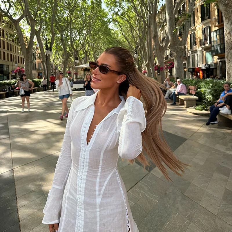 French Style White Shirt Mini Dresses Women Button Front Flare Long Sleeve Fitted Waist Gown Summer Date Party Going Out Vestido