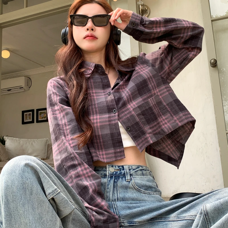 Shirts Women Back-slit Plaid Long Sleeve Vintage Chic High Street Y2k Spring Fashion All-match Hotsweet American Style Daily New